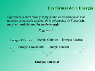 Las formas de la Energía Energía Eléctrica Energía Química Energía Elástica Energía Gravitatoria Energía Nuclear Energía Potencial Equivalencia entre masa y energía: uno de los resultados mas notables de la  teoría especial de la relatividad de Einstein: la masa es también una forma de energía! 