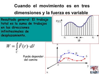 Cuando el movimiento es en tres dimensiones y la fuerza es variable   Resultado general: El trabajo  total es la suma de trabajos  en las direcciones infinitesimales de desplazamiento. Puede depender del camino 