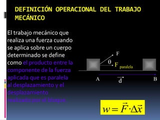 DEFINICIÓN OPERACIONAL DEL TRABAJO
MECÁNICO
El trabajo mecánico que
realiza una fuerza cuando
se aplica sobre un cuerpo
determinado se define
como el producto entre la
componente de la fuerza
aplicada que es paralela
al desplazamiento y el
desplazamiento
realizado por el bloque.
A B
F
 F paralela
d
xFw

 ·
 