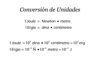 Conversión de Unidades
1 Joule Newton metro= •
1Ergio dina centímetro= •
5 2 7
5 2 7
1Joule 10 dina 10 centímetro 10 erg
1Ergio 10 N 10 metro 10 J− − −
= • =
= • =
ur
 