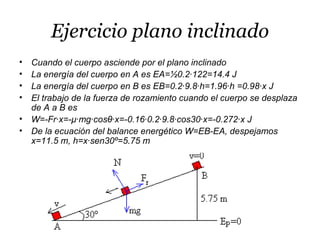 Ejercicio plano inclinado
• Cuando el cuerpo asciende por el plano inclinado
• La energía del cuerpo en A es EA=½0.2·122=14.4 J
• La energía del cuerpo en B es EB=0.2·9.8·h=1.96·h =0.98·x J
• El trabajo de la fuerza de rozamiento cuando el cuerpo se desplaza
de A a B es
• W=-Fr·x=-μ·mg·cosθ·x=-0.16·0.2·9.8·cos30·x=-0.272·x J
• De la ecuación del balance energético W=EB-EA, despejamos
x=11.5 m, h=x·sen30º=5.75 m
 