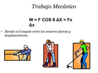 Trabajo Mecánico
• Siendo α el ángulo entre los vectores fuerza y
desplazamiento.
W = F COS θ ΔX = Fx
Δx
 