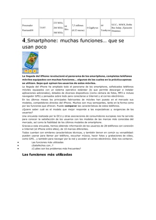 Procesador
PentiumII®
7/5/97
233 MHz.
266 MHz.
300 MHz.
64
Bits
7,5 millones
(0.32 micras)
4 Gigabytes
64
Terabytes
S.E.C., MMX, Doble
Bus Indep., Ejecución
Dinámica
4_Smartphone: muchas funciones… que se
usan poco
La llegada del iPhone revolucionó el panorama de los smartphone, completos teléfonos
móviles equipados con muchas funciones… algunas de las cuales en la práctica apenas
se utilizan. Sepa qué opinan los usuarios de estos móviles.
La llegada del iPhone ha ampliado todo el panorama de los smartphone, sofisticados teléfonos
móviles equipados con un sistema operativo estándar (lo que permite descargar e instalar
aplicaciones adicionales), dotados de diversos dispositivos (como cámara de fotos, MP3 e incluso
navegador GPS) y pensados sobre todo para conectarse a Internet y al correo electrónico.
En los últimos meses los principales fabricantes de móviles han puesto en el mercado sus
modelos, competidores directos del iPhone. Muchos son muy semejantes, tanto en la forma como
por las funciones que ofrecen. Puede comparar las características de estos teléfonos.
¿Quiere saber cuál es el modelo que mejor responde a las expectativas y exigencias de los
usuarios?
Una encuesta realizada por la OCU y otras asociaciones de consumidores europeas nos ha servido
para conocer la satisfacción de los usuarios con los modelos de las marcas más conocidas del
mercado, así como la fiabilidad de los últimos modelos de smartphone.
Gracias a esta encuesta, hemos obtenido información de los usuarios de 28 teléfonos con conexión
a Internet (el iPhone entre ellos), de 10 marcas diferentes.
Todos cuentan con similares características técnicas, y también tienen en común su versatilidad:
pueden usarse para llamar por teléfono, escuchar música, hacer fotos y grabaciones de vídeo,
como GPS… y también para navegar por la red y acceder al correo electrónico. Esto nos contaron.
 Las funciones más utilizadas
 ¿Satisfechos con…?
 ¿Cuáles son los problemas más frecuentes?
Las funciones más utilizadas
 