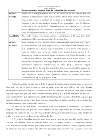 Curso de Animação Sociocultural
1º Ano / 2009-2010
33
Comportamento durante hora da visita (dia 5 de Junho)
Lurdes
Carriço
Neste dia, o comportamento da L.C. foi interessante na medida em que
observei a interacção de uma auxiliar com a Idosa. Uma vez que esta Utente
nunca tem visitas, a auxiliar foi ter com ela e propôs-lhe se queria jogar
dominó, o que ela logo aceitou, apesar de ter respondido: “mas há algumas
coisas que já não me lembro”... Estava bastante participativa, sorriu diversas
vezes, e perguntava repetidamente: “agora é a minha vez de jogar?”. Durante
uma hora ela esteve entretida com a funcionária.
Ana Rúbio Não pude realizar observação directa e participante à D. Ana pois tinha
saído com o filho para passar o fim-de-semana fora.
Lurdes
Barradas
Mais uma vez, recebeu a visita do seu querido esposo, que assim que chegou
a cumprimentou com dois beijos na cara, como sempre faz, observei que a
L.B., conforme ele a beijou, logo de imediato o reconheceu e lhe passou a
mão no rosto, como gesto de afecto e ao mesmo tempo sorriu. O Sr.
Engenheiro trazia um ramo de flores lindíssimo com flores da Madeira, que
conforme lhe ofereceu ela disse: “são para mim, estas lindas Flores?”, ele
respondeu-lhe que sim, e de logo respondeu: “são lindas, não precisavas de
incomodar”. Enquanto conversavam, os olhos da L.C. estavam sempre
postos nas flores, foi um dos momentos únicos da sua lucidez, porque ao
longo da visita a idosa não conseguiu realizar mais construções de frases, e
tão completas, apenas dizia palavras soltas, e muitas delas nem
correspondiam aquilo que queria dizer.
Nesta observação concluí que a D. L. C. apesar de muitas vezes solicitar para ir embora e
dizer que tem de ir fazer o almoço para os pais, neste dia nem referiu tal coisa. Estava
extremamente calma, tranquila. Quando a auxiliar de Geriatria lhe propôs para jogar dominó,
logo lhe respondeu que sim, mas ao mesmo tempo disse que já não se lembrava muito bem. O
mais interessante é que apesar da sua perda de memória, ela conseguia identificar as peças que
tinha de colocar na mesa, o que fazia com que estimulasse a parte cognitiva, ou seja, algo que
lhe ficou gravado e que nunca mais esqueceu.
No caso da D. Ana Rúbio, infelizmente não pude realizar a Observação, pois quando
cheguei à Instituição e vi que não estava sentada no seu lugar como de costume, de imediato
perguntei às auxiliares de acção directa, onde ela estava, onde me disseram que tinha saído com
o filho e só regressava no dia a seguir ao final do dia.
A D. Lurdes Barradas, recebeu mais uma vez a visita do seu querido marido, como de
costume que todos os dias a vem visitar. Assim que o viu logo o reconheceu e sorriu ao beijá-lo.
E foi dos poucos momentos em que esteve lúcida e conseguiu construir frases, foi precisamente
no momento em que o marido lhe ofereceu um lindo ramo de flores da Madeira, e que ela
 