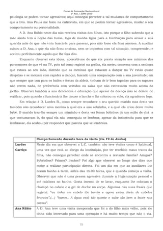 Curso de Animação Sociocultural
1º Ano / 2009-2010
35
patologia se podem tornar agressivos; aqui consegui perceber a tal mudança de comportamento
que a Dra. Ana Paula me falou na entrevista, em que se podem tornar agressivos, mudar o seu
comportamento ou personalidade.
A D. Ana Rúbio neste dia não recebeu visitas dos filhos, isto porque o filho sabendo que a
mãe ainda tem a noção das horas, logo de manha ligou para a Instituição para avisar a sua
querida mãe de que não viria buscá-la para passear, pois não fosse ela ficar ansiosa. A auxiliar
avisou a D. Ana, o que ela não ficou ansiosa, nem se importou com tal situação, compreendeu e
aceitou perfeitamente aquilo que lhe fora dito.
Enquanto observei esta idosa, apercebi-me de que ela presta atenção aos mínimos dos
pormenores de que vê na TV, pois tal como registei na grelha, ela meteu conversa com a senhora
que estava ao seu lado, dizendo que as meninas que estavam a dançar na TV estão quase
despidas e se mexiam com rapidez a dançar, fazendo uma comparação com a sua juventude, em
que sempre que iam para os bailes e festas da aldeia, tinham de ir bem tapadas para os rapazes
não verem nada, de preferência com vestidos ou saias que não estivessem muito acima do
joelho. Observei também a sua delicadeza e educação que apesar da doença não se deixou de
verificar, pois quando a funcionária lhe trouxe o lanche e lhe colocou no colo, ela agradeceu logo.
Em relação à D. Lurdes B., como sempre reconhece o seu querido marido mas desta vez
também não reconhecer uma menina à qual era a sua sobrinha, e a qual ela criou deste muito
bebé. O marido traz-lhe sempre um miminho e desta vez foram bolinhos de um salão de chá a
que costumavam ir, do qual ela não conseguiu se lembrar, apesar da insistência para que se
lembrasse, ela acabou por responder que parecia que se lembrava.
Comportamento durante hora da visita (dia 19 de Junho)
Lurdes
Carriço
Neste dia em que observei a L.C. também não teve visitas como é habitual,
uma vez que está ao abrigo da instituição, por ter recebido maus tratos da
filha, não consegui perceber onde se encontra a restante família? Amigos?
Sobrinhos? Primos? Irmãos? Foi algo que observei ao longo dos dias que
estive a realizar participação directa. Foi um dia em que as auxiliares lhe
deram banho à tarde, antes das 15.00 horas, que é quando começa a visita.
Observei que não é uma pessoa agressiva durante a Higienização pessoal e
até colabora no banho. Gosta imenso de se lavar, enquanto lhe colocam o
champô no cabelo e o gel de duche no corpo. Algumas das suas frases que
registei: “eu tinha um cabelo tão bonito e agora estou cheia de cabelos
brancos”.(…) “humm.. A água está tão quente e sabe tão bem a bater nas
costas”.
Ana Rúbio A D. Ana teve uma visita inesperada que foi a do filho mais velho, pois ele
tinha sido internado para uma operação e há muito tempo que não o via.
 