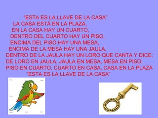 “ESTA ES LA LLAVE DE LA CASA”
LA CASA ESTÁ EN LA PLAZA,
EN LA CASA HAY UN CUARTO,
DENTRO DEL CUARTO HAY UN PISO,
ENCIMA DEL PISO HAY UNA MESA,
ENCIMA DE LA MESA HAY UNA JAULA,
DENTRO DE LA JAULA HAY UN LORO QUE CANTA Y DICE:
DE LORO EN JAULA, JAULA EN MESA, MESA EN PISO,
PISO EN CUARTO, CUARTO EN CASA, CASA EN LA PLAZA
“ESTA ES LA LLAVE DE LA CASA”
 