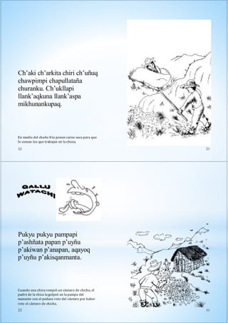 En medio del chuño frío ponen carne seca para que
lo coman los que trabajan en la choza.
32
Ch’aki ch’arkita chiri ch’uñuq
chawpimpi chapullataña
churanku. Ch’ukllapi
llank’aqkuna llank’aspa
mikhunankupaq.
21
Pukyu pukyu pampapi
p’ashñata papan p’uyñu
p’akiwan p’anapan, aqayoq
p’uyñu p’akisqanmanta.
Cuando una chica rompió un cántaro de chicha, el
padre de la chica la golpeó en la pampa del
manante con el pedazo roto del cántaro por haber
roto el cántaro de chicha.
22 31
 