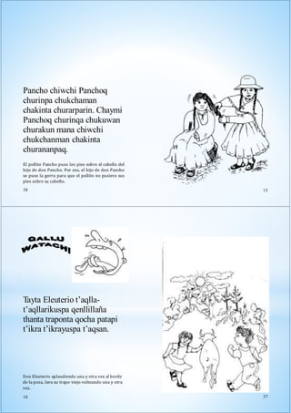 Pancho chiwchi Panchoq
churinpa chukchaman
chakinta churarparin. Chaymi
Panchoq churinqa chukuwan
churakun mana chiwchi
chukchanman chakinta
churananpaq.
El pollito Pancho puso los pies sobre el cabello del
hijo de don Pancho. Por eso, el hijo de don Pancho
se puso la gorra para que el pollito no pusiera sus
pies sobre su cabello.
38 15
Tayta Eleuterio t’aqlla-
t’aqllarikuspa qenllillaña
thanta traponta qocha patapi
t’ikra t’ikrayuspa t’aqsan.
Don Eleuterio aplaudiendo una y otra vez al borde
de la poza, lava su trapo viejo volteando una y otra
vez.
16 37
 