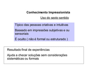 Conhecimento Impressionista Uso do sexto sentido Típico das pessoas criativas e intuitivas Baseado em impressões subjetivas e ou sensoriais É oculto ( não é formal ou estruturado ) Resultado final de experiências Ajuda a checar soluções sem considerações sistemáticas ou formais 