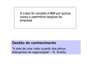 A Lotus foi vendida à IBM por quinze vezes o patrimônio tangível da empresa Gestão do conhecimento “ A arte de criar valor a partir dos ativos intangíveis da organização” - K. Sveiby 