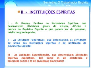 Conselho Espírita InternacionalSeminário: O Trabalhador Espírita
III - As Entidades Especializadas, que desenvolvem atividades
espíritas específicas, tais como as de assistência e
promoção social e as de divulgação doutrinária;
 II - INSTITUIÇÕES ESPÍRITAS
I - Os Grupos, Centros ou Sociedades Espíritas, que
desenvolvem atividades gerais de estudo, difusão e
prática da Doutrina Espírita e que podem ser de pequeno,
médio ou grande porte;
II - As Entidades Federativas, que desenvolvem as atividades
de união das Instituições Espíritas e de unificação do
Movimento Espírita;
 