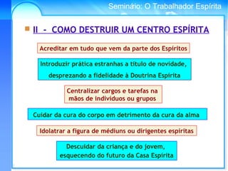 Conselho Espírita InternacionalSeminário: O Trabalhador Espírita
Cuidar da cura do corpo em detrimento da cura da alma
Acreditar em tudo que vem da parte dos Espíritos
Introduzir prática estranhas a título de novidade,
desprezando a fidelidade à Doutrina Espírita
Centralizar cargos e tarefas na
mãos de indivíduos ou grupos
Idolatrar a figura de médiuns ou dirigentes espíritas
 II - COMO DESTRUIR UM CENTRO ESPÍRITA
Descuidar da criança e do jovem,
esquecendo do futuro da Casa Espírita
 