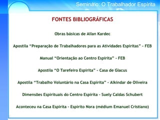 Conselho Espírita InternacionalSeminário: O Trabalhador Espírita
FONTES BIBLIOGRÁFICAS
Obras básicas de Allan Kardec
Apostila “Preparação de Trabalhadores para as Atividades Espíritas” – FEB
Manual “Orientação ao Centro Espírita” - FEB
Apostila “O Tarefeiro Espírita” – Casa de Glacus
Apostila “Trabalho Voluntário na Casa Espírita” – Alkíndar de Oliveira
Dimensões Espirituais do Centro Espírita – Suely Caldas Schubert
Aconteceu na Casa Espírita – Espírito Nora (médium Emanuel Cristiano)
 