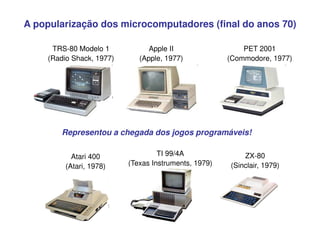 A popularização dos microcomputadores (final do anos 70)
TRS-80 Modelo 1
(Radio Shack, 1977)
Apple II
(Apple, 1977)
PET 2001
(Commodore, 1977)
Atari 400
(Atari, 1978)
TI 99/4A
(Texas Instruments, 1979)
ZX-80
(Sinclair, 1979)
Representou a chegada dos jogos programáveis!
 