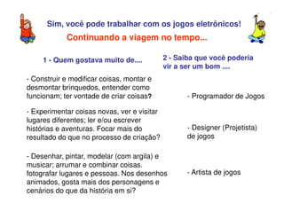 Sim, você pode trabalhar com os jogos eletrônicos!
1 - Quem gostava muito de....
- Construir e modificar coisas, montar e
desmontar brinquedos, entender como
funcionam; ter vontade de criar coisas?
Continuando a viagem no tempo...
- Experimentar coisas novas, ver e visitar
lugares diferentes; ler e/ou escrever
histórias e aventuras. Focar mais do
resultado do que no processo de criação?
- Desenhar, pintar, modelar (com argila) e
musicar; arrumar e combinar coisas.
fotografar lugares e pessoas. Nos desenhos
animados, gosta mais dos personagens e
cenários do que da história em si?
2 - Saiba que você poderia
vir a ser um bom ....
- Programador de Jogos
- Designer (Projetista)
de jogos
- Artista de jogos
 