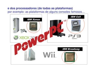 e dos processadores (de todas as plataformas)
por exemplo: as plataformas de alguns consoles famosos…
IBM Xenon
IBM Cell
IBM Broadway
 