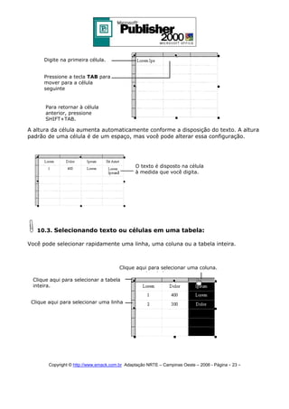 Digite na primeira célula.
Pressione a tecla TAB para
mover para a célula
seguinte

Para retornar à célula
anterior, pressione
SHIFT+TAB.

A altura da célula aumenta automaticamente conforme a disposição do texto. A altura
padrão de uma célula é de um espaço, mas você pode alterar essa configuração.

O texto é disposto na célula
à medida que você digita.

10.3. Selecionando texto ou células em uma tabela:
Você pode selecionar rapidamente uma linha, uma coluna ou a tabela inteira.

Clique aqui para selecionar uma coluna.
Clique aqui para selecionar a tabela
inteira.
Clique aqui para selecionar uma linha

Copyright © http://www.emack.com.br Adaptação NRTE – Campinas Oeste – 2006 - Página - 23

-

 