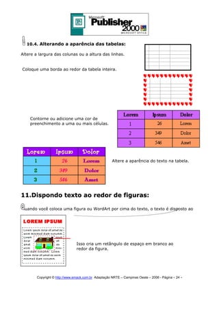 10.4. Alterando a aparência das tabelas:
Altere a largura das colunas ou a altura das linhas.

Coloque uma borda ao redor da tabela inteira.

Contorne ou adicione uma cor de
preenchimento a uma ou mais células.

Altere a aparência do texto na tabela.

11.Dispondo texto ao redor de figuras:
uando você coloca uma figura ou WordArt por cima do texto, o texto é disposto ao
redor da moldura.

Isso cria um retângulo de espaço em branco ao
redor da figura.

Copyright © http://www.emack.com.br Adaptação NRTE – Campinas Oeste – 2006 - Página - 24

-

 