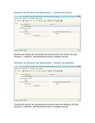 Criando as Árvores de Elementos - Centro de Custo 
Criamos ás árvore de elementos de contas Cenro de Custo, do tipo 
Usuário 1, tabela C_ElementValue como a imagem acima 
Criando as Árvores de Elementos - Centro de Receita 
Criamos ás árvore de elementos de contas Cenro de Receita, do tipo 
Usuário 2, tabela C_ElementValue como a imagem acima 
 