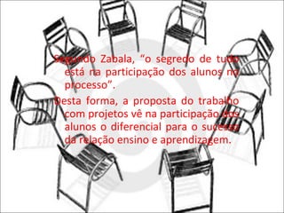 Segundo Zabala, “o segredo de tudo está na participação dos alunos no processo”. Desta forma, a proposta do trabalho com projetos vê na participação dos alunos o diferencial para o sucesso da relação ensino e aprendizagem. 