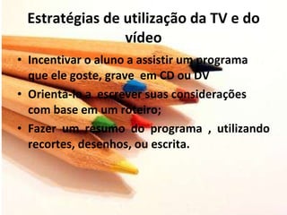 Estratégias de utilização da TV e do vídeo Incentivar o aluno a assistir um programa que ele goste, grave  em CD ou DV Orientá-lo a  escrever suas considerações com base em um roteiro; Fazer um resumo do programa , utilizando recortes, desenhos, ou escrita. 