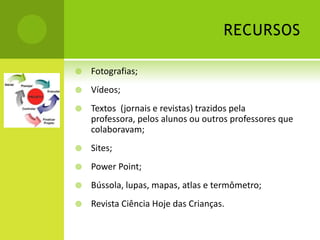 RECURSOS

   Fotografias;
   Vídeos;
   Textos (jornais e revistas) trazidos pela
    professora, pelos alunos ou outros professores que
    colaboravam;
   Sites;
   Power Point;
   Bússola, lupas, mapas, atlas e termômetro;
   Revista Ciência Hoje das Crianças.
 
