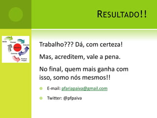 R ESULTADO !!


Trabalho??? Dá, com certeza!
Mas, acreditem, vale a pena.
No final, quem mais ganha com
isso, somo nós mesmos!!
   E-mail: pfariapaiva@gmail.com

   Twitter: @pfpaiva
 