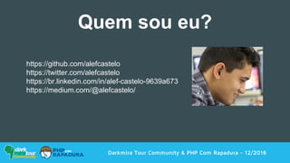 Darkmira Tour Community & PHP Com Rapadura - 12/2016
https://github.com/alefcastelo
https://twitter.com/alefcastelo
https://br.linkedin.com/in/alef-castelo-9639a673
https://medium.com/@alefcastelo/
Quem sou eu?
 
