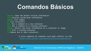 Darkmira Tour Community & PHP Com Rapadura - 12/2016
version Show the Docker version information
info Display system-wide information
images List images
ps List containers
run Run a command in a new container
exec Run a command in a running container
inspect Return low-level information on a container or image
kill Kill a running container
rm Remove one or more containers
A lista completa de comandos você pode conferir no link
https://docs.docker.com/engine/reference/commandline/
Comandos Básicos
 