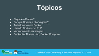 Darkmira Tour Community & PHP Com Rapadura - 12/2016
● O que é o Docker?
● Por que Docker e não Vagrant?
● Trabalhando com Docker
● Usando Docker com PHP
● Versionamento da imagem
● Dockerfile, Docker Hub, Docker Compose
Tópicos
 