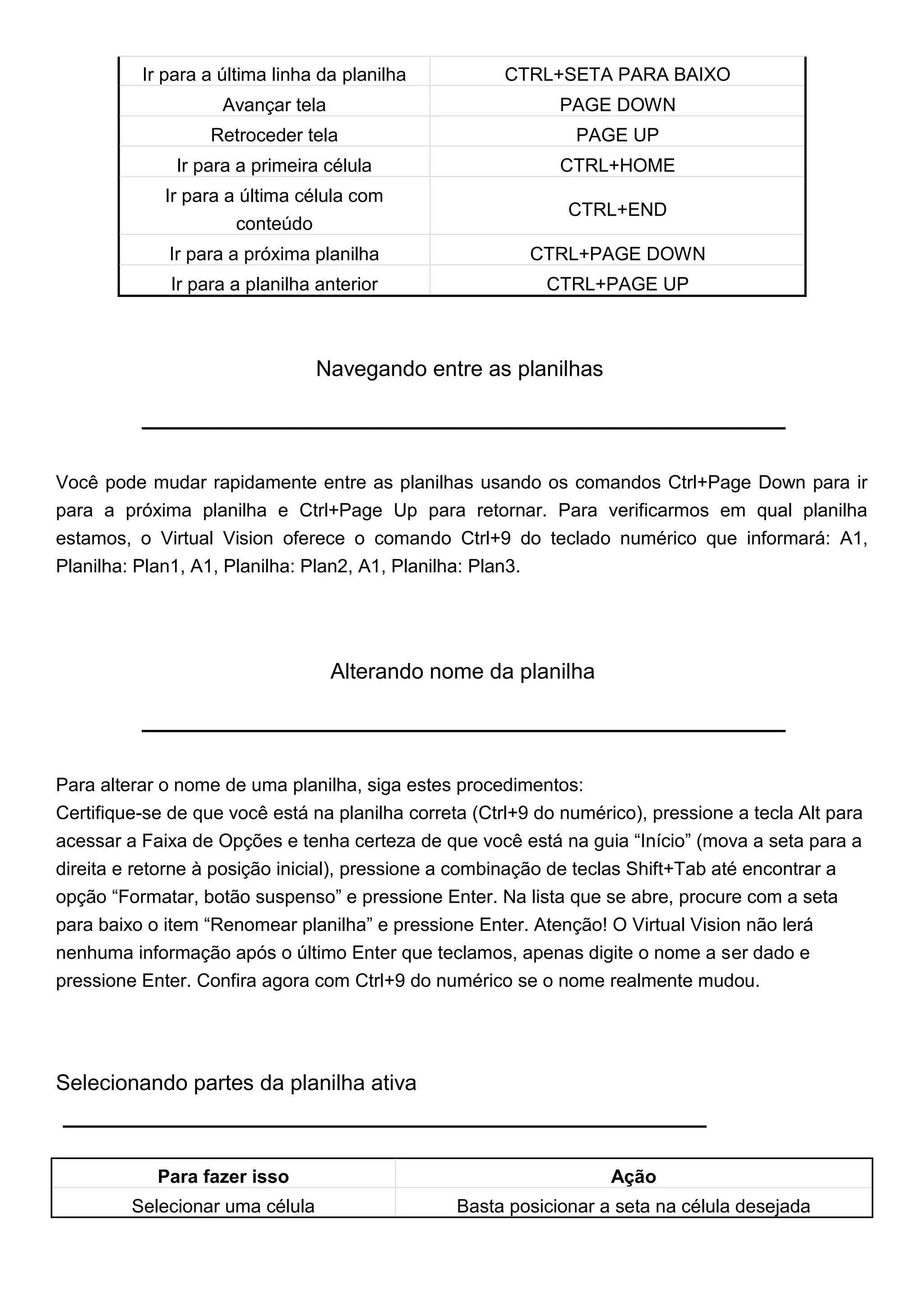 Ir para a última linha da planilha           CTRL+SETA PARA BAIXO
                    Avançar tela                             PAGE DOWN
                   Retroceder tela                             PAGE UP
              Ir para a primeira célula                      CTRL+HOME
             Ir para a última célula com
                                                              CTRL+END
                      conteúdo
             Ir para a próxima planilha                   CTRL+PAGE DOWN
              Ir para a planilha anterior                   CTRL+PAGE UP



                                 Navegando entre as planilhas




Você pode mudar rapidamente entre as planilhas usando os comandos Ctrl+Page Down para ir
para a próxima planilha e Ctrl+Page Up para retornar. Para verificarmos em qual planilha
estamos, o Virtual Vision oferece o comando Ctrl+9 do teclado numérico que informará: A1,
Planilha: Plan1, A1, Planilha: Plan2, A1, Planilha: Plan3.




                                   Alterando nome da planilha




Para alterar o nome de uma planilha, siga estes procedimentos:
Certifique-se de que você está na planilha correta (Ctrl+9 do numérico), pressione a tecla Alt para
acessar a Faixa de Opções e tenha certeza de que você está na guia “Início” (mova a seta para a
direita e retorne à posição inicial), pressione a combinação de teclas Shift+Tab até encontrar a
opção “Formatar, botão suspenso” e pressione Enter. Na lista que se abre, procure com a seta
para baixo o item “Renomear planilha” e pressione Enter. Atenção! O Virtual Vision não lerá
nenhuma informação após o último Enter que teclamos, apenas digite o nome a ser dado e
pressione Enter. Confira agora com Ctrl+9 do numérico se o nome realmente mudou.




Selecionando partes da planilha ativa



            Para fazer isso                                         Ação
         Selecionar uma célula                   Basta posicionar a seta na célula desejada
 