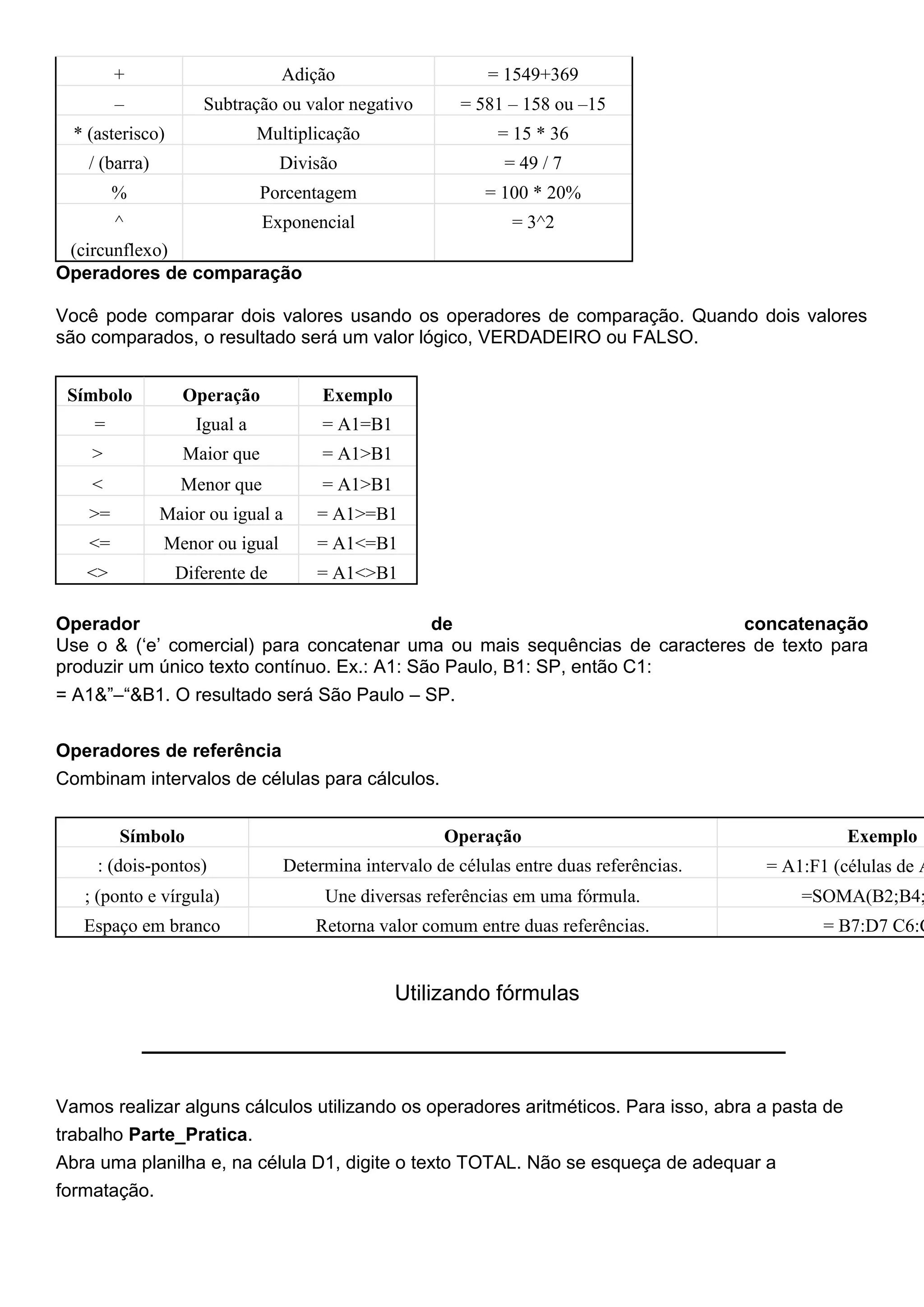 +                       Adição                       = 1549+369
         –           Subtração ou valor negativo          = 581 – 158 ou –15
  * (asterisco)               Multiplicação                     = 15 * 36
    / (barra)                    Divisão                        = 49 / 7
         %                     Porcentagem                    = 100 * 20%
       ^            Exponencial                                  = 3^2
 (circunflexo)
Operadores de comparação

Você pode comparar dois valores usando os operadores de comparação. Quando dois valores
são comparados, o resultado será um valor lógico, VERDADEIRO ou FALSO.


 Símbolo          Operação              Exemplo
     =              Igual a             = A1=B1
    >              Maior que            = A1>B1
    <             Menor que             = A1>B1
    >=          Maior ou igual a       = A1>=B1
    <=          Menor ou igual         = A1<=B1
   <>             Diferente de         = A1<>B1

Operador                                     de                             concatenação
Use o & („e‟ comercial) para concatenar uma ou mais sequências de caracteres de texto para
produzir um único texto contínuo. Ex.: A1: São Paulo, B1: SP, então C1:
= A1&”–“&B1. O resultado será São Paulo – SP.


Operadores de referência
Combinam intervalos de células para cálculos.


         Símbolo                                        Operação                                      Exemplo
     : (dois-pontos)               Determina intervalo de células entre duas referências.   = A1:F1 (células de A
   ; (ponto e vírgula)                  Une diversas referências em uma fórmula.                =SOMA(B2;B4;
   Espaço em branco                    Retorna valor comum entre duas referências.                 = B7:D7 C6:C


                                                  Utilizando fórmulas




Vamos realizar alguns cálculos utilizando os operadores aritméticos. Para isso, abra a pasta de
trabalho Parte_Pratica.
Abra uma planilha e, na célula D1, digite o texto TOTAL. Não se esqueça de adequar a
formatação.
 