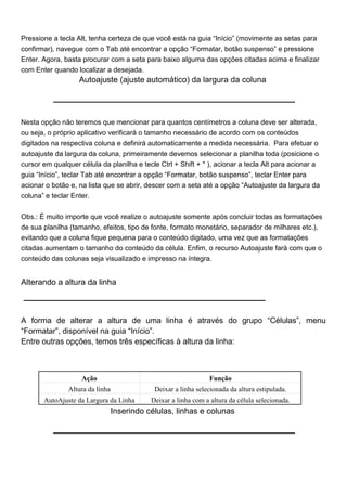 Pressione a tecla Alt, tenha certeza de que você está na guia “Início” (movimente as setas para
confirmar), navegue com o Tab até encontrar a opção “Formatar, botão suspenso” e pressione
Enter. Agora, basta procurar com a seta para baixo alguma das opções citadas acima e finalizar
com Enter quando localizar a desejada.
                   Autoajuste (ajuste automático) da largura da coluna




Nesta opção não teremos que mencionar para quantos centímetros a coluna deve ser alterada,
ou seja, o próprio aplicativo verificará o tamanho necessário de acordo com os conteúdos
digitados na respectiva coluna e definirá automaticamente a medida necessária. Para efetuar o
autoajuste da largura da coluna, primeiramente devemos selecionar a planilha toda (posicione o
cursor em qualquer célula da planilha e tecle Ctrl + Shift + * ), acionar a tecla Alt para acionar a
guia “Início”, teclar Tab até encontrar a opção “Formatar, botão suspenso”, teclar Enter para
acionar o botão e, na lista que se abrir, descer com a seta até a opção “Autoajuste da largura da
coluna” e teclar Enter.


Obs.: É muito importe que você realize o autoajuste somente após concluir todas as formatações
de sua planilha (tamanho, efeitos, tipo de fonte, formato monetário, separador de milhares etc.),
evitando que a coluna fique pequena para o conteúdo digitado, uma vez que as formatações
citadas aumentam o tamanho do conteúdo da célula. Enfim, o recurso Autoajuste fará com que o
conteúdo das colunas seja visualizado e impresso na íntegra.


Alterando a altura da linha



A forma de alterar a altura de uma linha é através do grupo “Células”, menu
“Formatar”, disponível na guia “Início”.
Entre outras opções, temos três específicas à altura da linha:



                    Ação                                         Função
               Altura da linha               Deixar a linha selecionada da altura estipulada.
       AutoAjuste da Largura da Linha       Deixar a linha com a altura da célula selecionada.
                                 Inserindo células, linhas e colunas
 