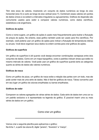 Têm dois eixos de valores, mostrando um conjunto de dados numéricos ao longo do eixo
horizontal (eixo X) e outro ao longo do eixo vertical (eixo Y). Combinam esses valores em pontos
de dados únicos e os exibem a intervalos irregulares ou agrupamentos. Gráficos de dispersão são
comumente usados para exibir e comparar valores numéricos, como dados científicos,
estatísticos e de engenharia.


Gráficos de ações


Como o nome sugere, um gráfico de ações é usado mais frequentemente para ilustrar a flutuação
de preços de ações. No entanto, esse gráfico também pode ser usado para fins científicos. Por
exemplo, você poderia usar um gráfico de ações para indicar a flutuação de temperaturas diárias
ou anuais. Você deve organizar seus dados na ordem correta para criar gráficos de ações.


Gráficos de superfície


Um gráfico de superfície é útil quando você deseja encontrar combinações vantajosas entre dois
conjuntos de dados. Como em um mapa topográfico, cores e padrões indicam áreas que estão no
mesmo intervalo de valores. Você pode usar um gráfico de superfície quando tanto as categorias
quanto as séries de dados são valores numéricos.


Gráficos de rosca


Como um gráfico de pizza, um gráfico de rosca exibe a relação das partes com um todo, mas ele
pode conter mais de uma série de dados. Não é fácil ler gráficos de rosca. Talvez convenha usar
em seu lugar um gráfico de colunas empilhadas ou barras empilhadas.


Gráficos de radar


Comparam os valores agregados de várias séries de dados. Cada série de dados tem uma cor ou
um padrão exclusivo e é representada na legenda do gráfico. É possível inserir uma ou mais
séries de dados em um gráfico.




                                      Como criar um gráfico




Vamos criar a seguinte planilha para aplicarmos o gráfico:
Na linha 1, a partir da coluna B, digite “janeiro”, “fevereiro” e “março”.
 
