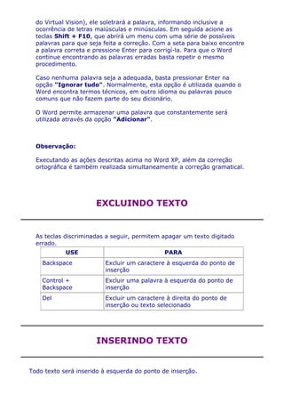 do Virtual Vision), ele soletrará a palavra, informando inclusive a
  ocorrência de letras maiúsculas e minúsculas. Em seguida acione as
  teclas Shift + F10, que abrirá um menu com uma série de possíveis
  palavras para que seja feita a correção. Com a seta para baixo encontre
  a palavra correta e pressione Enter para corrigí-la. Para que o Word
  continue encontrando as palavras erradas basta repetir o mesmo
  procedimento.

  Caso nenhuma palavra seja a adequada, basta pressionar Enter na
  opção "Ignorar tudo". Normalmente, esta opção é utilizada quando o
  Word encontra termos técnicos, em outro idioma ou palavras pouco
  comuns que não fazem parte do seu dicionário.

  O Word permite armazenar uma palavra que constantemente será
  utilizada através da opção "Adicionar".



  Observação:

  Executando as ações descritas acima no Word XP, além da correção
  ortográfica é também realizada simultaneamente a correção gramatical.




                      EXCLUINDO TEXTO


  As teclas discriminadas a seguir, permitem apagar um texto digitado
  errado.
            USE                              PARA
    Backspace            Excluir um caractere à esquerda do ponto de
                         inserção
    Control +            Excluir uma palavra à esquerda do ponto de
    Backspace            inserção
    Del                  Excluir um caractere à direita do ponto de
                         inserção ou texto selecionado




                      INSERINDO TEXTO


Todo texto será inserido à esquerda do ponto de inserção.
 