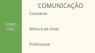 COMO
FAIZ
COMUNICAÇÃO
Constante
Profissional
Mistura de times
 