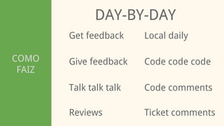 COMO
FAIZ
DAY-BY-DAY
Get feedback
Talk talk talk
Give feedback Code code code
Local daily
Code comments
Reviews Ticket comments
 