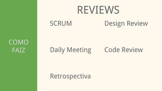 COMO
FAIZ
REVIEWS
SCRUM
Retrospectiva
Daily Meeting Code Review
Design Review
 