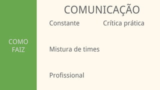 COMO
FAIZ
COMUNICAÇÃO
Constante
Profissional
Mistura de times
Crítica prática
 