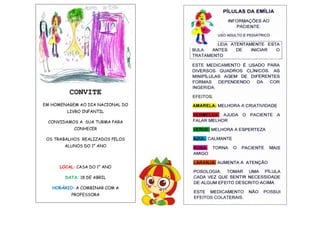 CONVITE
EM HOMENAGEM AO DIA NACIONAL DO
         LIVRO INFANTIL

 CONVIDAMOS A SUA TURMA PARA
           CONHECER

 OS TRABALHOS REALIZADOS PELOS
        ALUNOS DO 1° ANO




      LOCAL: CASA DO 1° ANO

        DATA: 18 DE ABRIL

   HORÁRIO: A COMBINAR COM A
          PROFESSORA
 