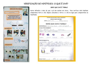VERIFICAÇÃO DE HIPÓTESES: O QUE É CHÁ?
                                  SERÁ QUE CHÁ É TERRA?

     Ayres defendia a ideia de que o pó dos saches era terra.   Para verificar esta hipótese
     comparamos terra e chá. Depois colocamos a terra e o chá na água para compararmos os
     resultados.
 