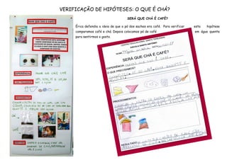VERIFICAÇÃO DE HIPÓTESES: O QUE É CHÁ?
                                      SERÁ QUE CHÁ É CAFÉ?

     Érica defendia a ideia de que o pó dos saches era café. Para verificar   esta   hipótese
     comparamos café e chá. Depois colocamos pó de café                       em água quente
     para sentirmos o gosto.
 