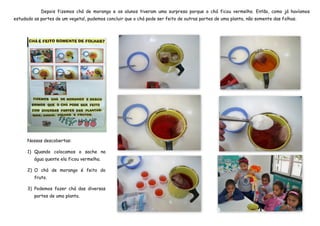 Depois fizemos chá de morango e os alunos tiveram uma surpresa porque o chá ficou vermelho. Então, como já havíamos
estudado as partes de um vegetal, pudemos concluir que o chá pode ser feito de outras partes de uma planta, não somente das folhas.




      Nossas descobertas:

      1) Quando colocamos o sache na
         água quente ela ficou vermelha.

      2) O chá de morango é feito do
         fruto.

      3) Podemos fazer chá das diversas
         partes de uma planta.
 