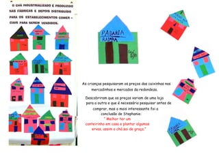 As crianças pesquisaram os preços das caixinhas nos
     mercadinhos e mercados da redondeza.

 Descobriram que os preços variam de uma loja
 para a outra e que é necessário pesquisar antes de
     comprar, mas o mais interessante foi a
          conclusão de Stephanie:
            “ Melhor ter um
 canteirinho em casa e plantar algumas
    ervas, assim o chá sai de graça.”
 