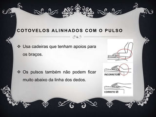 COTOVELOS ALINHADOS COM O PULSO
 Usa cadeiras que tenham apoios para
os braços.
 Os pulsos também não podem ficar
muito abaixo da linha dos dedos.
 