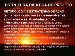 ESTRUTURA DIDÁTICA DE PROJETO METODOLOGIA E ESTRATÉGIAS DE AÇÃO (a maneira como vai se desenvolver as atividades e as atividades em si): APRENDER A SER:  Transformar a realidade social, compreender e discutir os diferentes contextos e se colocar como personagem principal de uma nova história; APRENDER A APRENDER:  Pensar, argumentar, buscar e selecionar Informações; APRENDER A FAZER:  Desenvolver as competências e habilidades no Projeto Proposto; APRENDER A CONVIVER:  Incorporar a solidariedade, responsabilidade e reciprocidade nas relações pessoais e sociais, através de ações do cotidiano. 