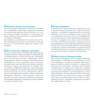 Fase 3                                                              Fase 5
Projecto Base / Pedido de Licenciamento                             Selecção do Empreiteiro
Fase onde o Arquitecto desenvolve o Projecto em conformidade        É nesta fase que o Cliente selecciona o empreiteiro da obra.
com o estabelecido na fase anterior, preparando o processo          O Arquitecto poderá colaborar com o Cliente nesta fase,
de aprovação pela respectiva Câmara Municipal, bem como             auxiliando-o na análise da capacidade técnica dos diversos
pelas demais entidades envolvidas no Licenciamento do               candidatos, bem como na análise do preço e prazo para
mesmo, perante as quais o Arquitecto é o responsável técnico        a concretização da obra. Dever-se-á ter em consideração que
do Projecto de Arquitectura.                                        nem sempre o preço é um factor determinante na adjudicação,
Em simultâneo, ou posteriormente ao Licenciamento do Pro-           mas sim a conjugação de um vasto conjunto de factores.
jecto de Arquitectura, proceder-se-á à entrega dos restantes        É também nesta fase que se escolhe o técnico que irá ser
Projectos de Especialidades legalmente exigidos para                responsável perante a Câmara Municipal, pela Direcção Técnica
aprovação.                                                          de Obra. Este é sempre nomeado pelo dono de obra [Cliente]
                                                                    e poderá ser um técnico pertencente aos quadros técnicos
Fase 4                                                              da empresa construtora, ou outra pessoa qualquer que o dono
Projecto de Execução / Medições e Orçamento                         de obra entenda escolher, incluindo o autor do projecto.
Após a aprovação por parte da Câmara Municipal e demais
entidades dos diversos Projectos [Arquitectura e Especialidades],   Fase 6
o Arquitecto prepara o Projecto de Execução, apresentado            Assistência Técnica à Execução da Obra
sob a forma de peças escritas e desenhadas, de fácil                Esta é a fase da materialização de todo o trabalho desenvolvido
interpretação por parte dos diversos intervenientes na sua          até ao momento. A certificação que o seu Projecto é cumprido
materialização e onde se especifica todos os trabalhos              é uma obrigação e um dever do Arquitecto. Nesta fase, o
necessários para a execução da obra [por exemplo, processos         papel do Arquitecto poderá compreender o esclarecimento
construtivos, materiais, carpintarias, etc]. Em paralelo, inicia-   de dúvidas de interpretação, prestação de informações
-se o processo de Medições e Orçamento, onde se discriminam         complementares ao projecto por si elaborado, auxiliando
todas as quantidades de materiais a utilizar, tipos de trabalho     o dono de obra na verificação da qualidade dos materiais e
e forma de execução, de modo a poder aferir-se o valor da           da execução dos trabalhos, o que não significa que o mesmo
obra. É a partir destes dois documentos - Projecto de Execução      esteja obrigado ao acompanhamento da Obra. Tal situação
e Medições e Orçamento - que se elabora o Caderno de                deverá ser objecto de contrato entre as partes, na certeza
Encargos, documento escrito que especifica as condições             porém de que é sempre vantajoso para o Cliente a contra-
técnicas gerais e especiais de construção e vincula o Empreiteiro   tualização do mesmo. O Arquitecto, enquanto autor do Projecto,
às demais condições da obra.                                        não pode fiscalizar a sua obra.




Trabalhar com um Arquitecto.
 