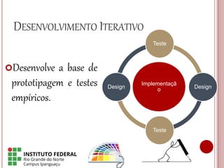DESENVOLVIMENTO ITERATIVO
Desenvolve a base de
prototipagem e testes
empíricos.
Implementaçã
o
Teste
Design
Teste
Design
 