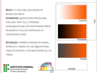 MATIZ: É A COR PURA, SEM ADIÇÃO DE
BRANCO OU PRETO.
INTENSIDADE: QUANTO MAIS INTENSA UMA
COR, MAIS “VIVA” ELA É. PODEMOS
ENFRAQUECER UMA COR ADICIONANDO PRETO
OU BRANCO A ELA, OU NEUTRALIZÁ-LA
ADICIONANDO CINZA.
SATURAÇÃO: TAMBÉM CHAMADO DE CROMA,
REFERE-SE A PUREZA DA COR. QUANTO MAIS
CINZA SE ADICIONA A COR MAIS NEUTRA ELA SE
TORNA.
 