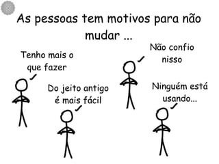 As pessoas tem motivos para não mudar ... Tenho mais o que fazer Do jeito antigo é mais fácil Não confio nisso Ninguém está usando... 